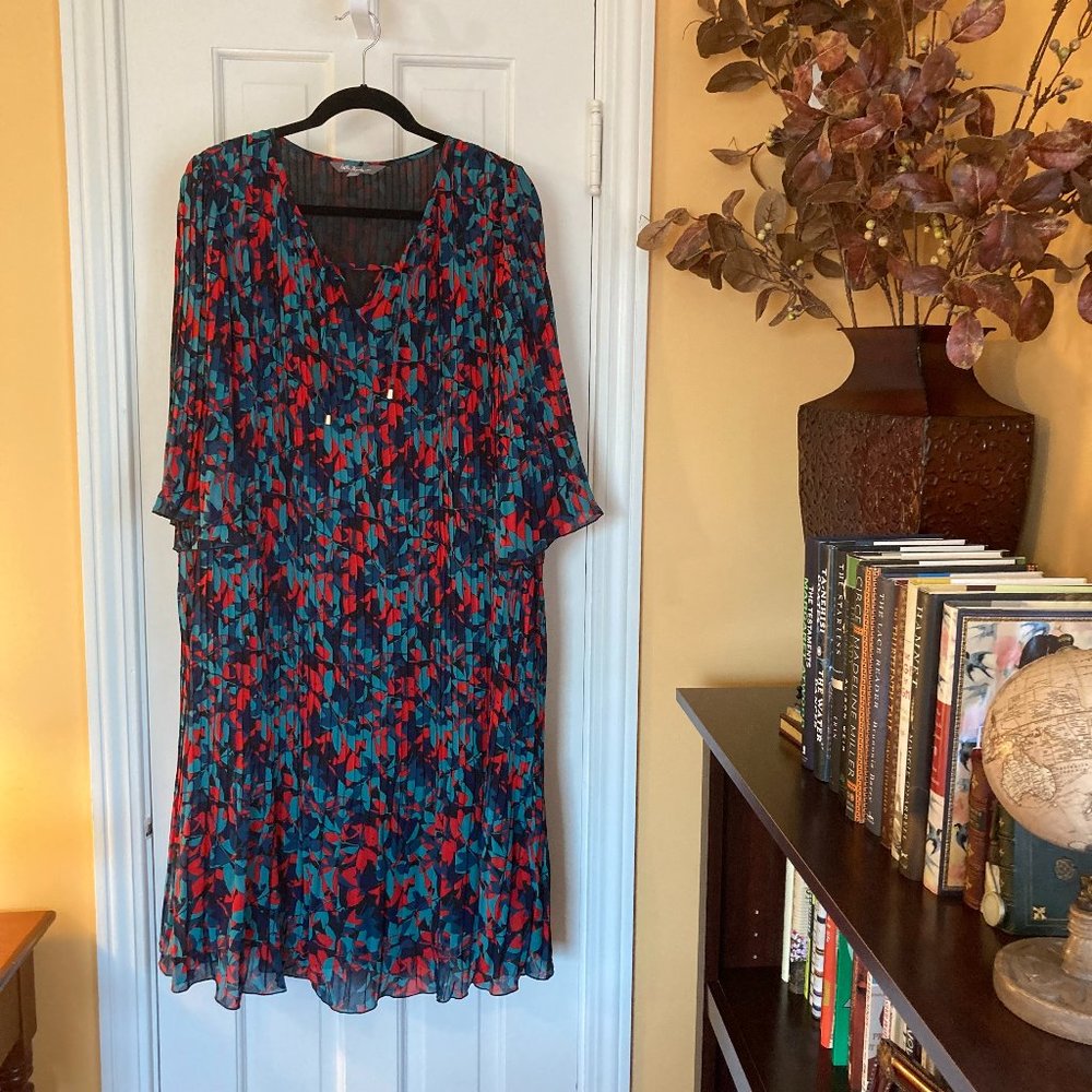 Ulla Popken Pleated A-Line Red & Teal Floral Dress